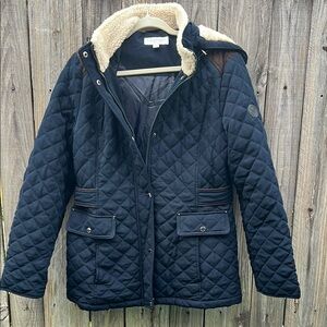Navy Quilted Jacket with Faux Fur Collar